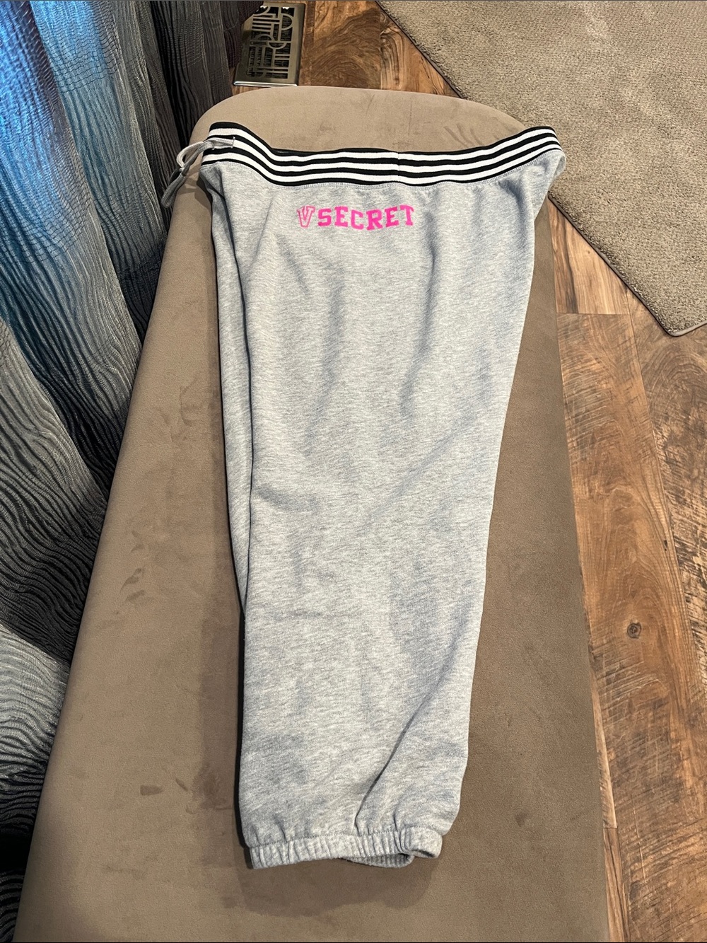 Victoria's Secret Light Gray Sweatpants with Pink Logo and Striped Waistband